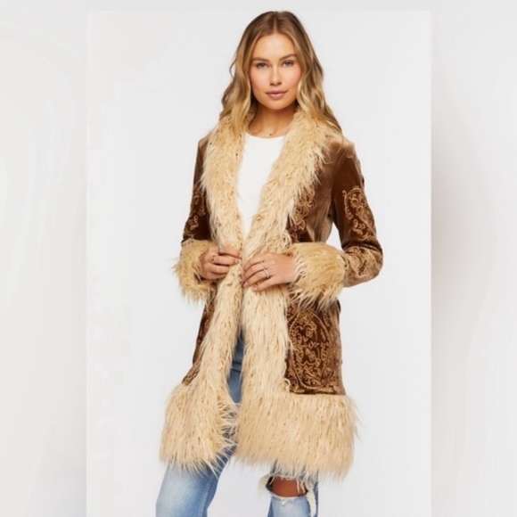 Forever 21 Penny Lane Faux Fur Trim 70s Retro Style Shag Coat Almost Famous SM - Picture 2 of 15
